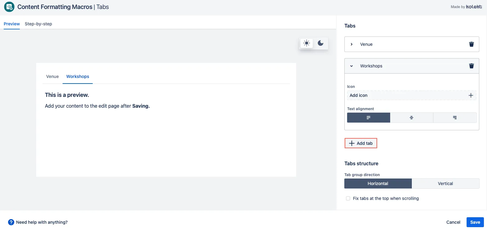Editor view showing the updated Tabs macro interface with options to create and manage tab groups