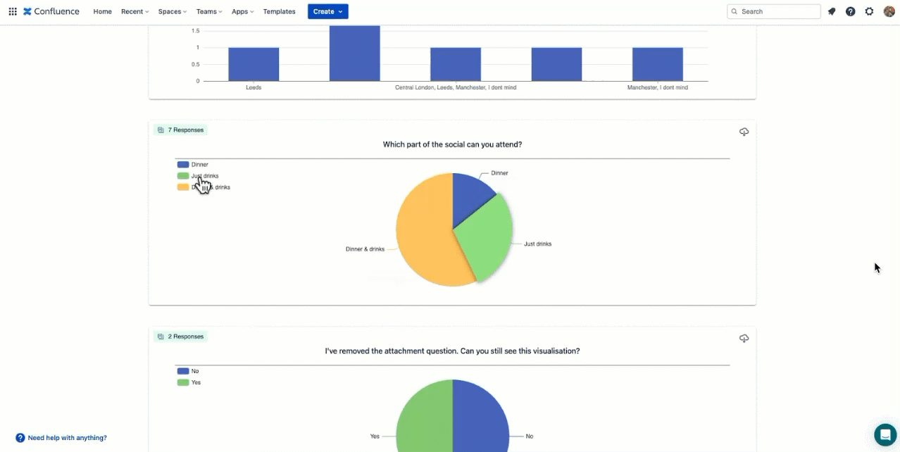 Animated view of the Summary tab showing interactive charts and graphs being filtered, with the Responses button used to display the corresponding filtered data in the responses table.