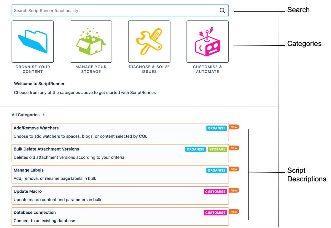 The Quick Scripting section of the Homepage. The Search, Categories, and Script Descriptions sections are higlighted.