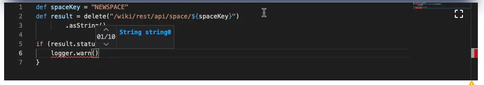 Code editor showing pop-up of parameter types.