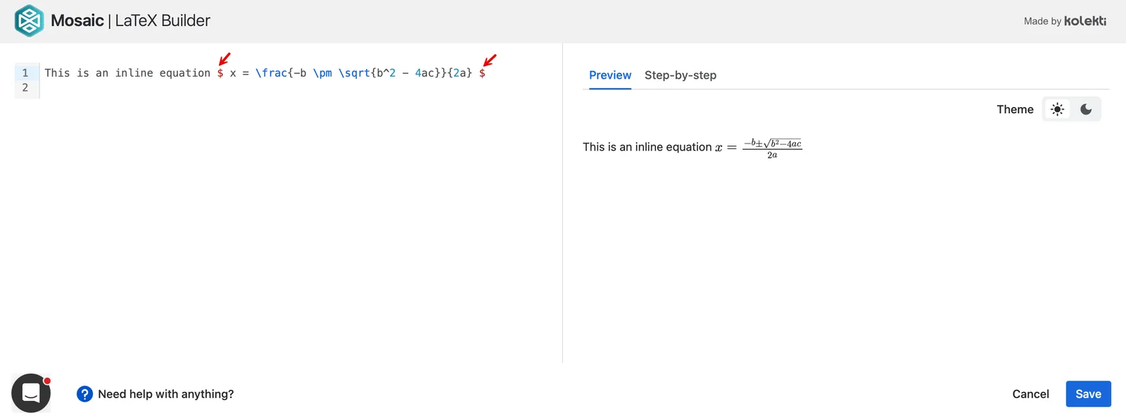 Inline quadratic equation formatted with single dollar signs within a line of text: x = (-b ± √(b² - 4ac)) / 2a