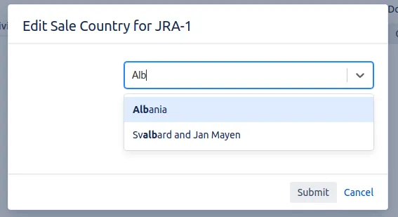 Country picker configuration example showing a REST-based dropdown of countries