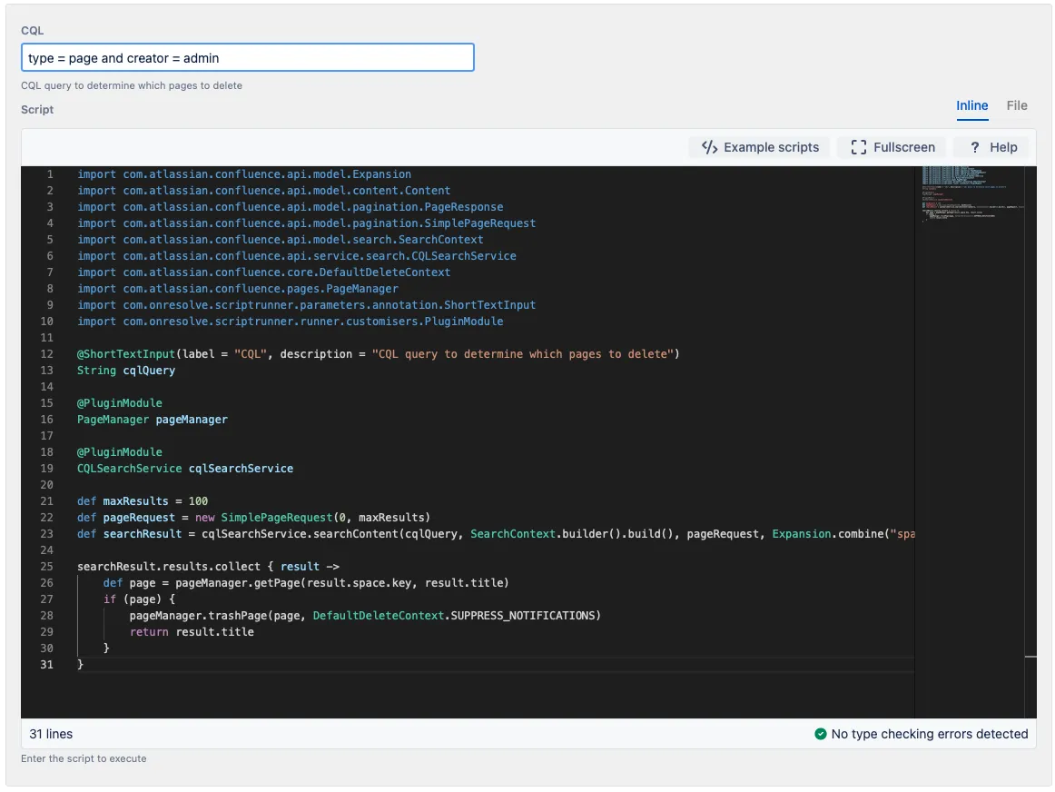 The example script in the code editor.