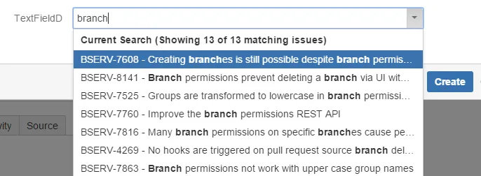 Screenshot of remote issue picker results