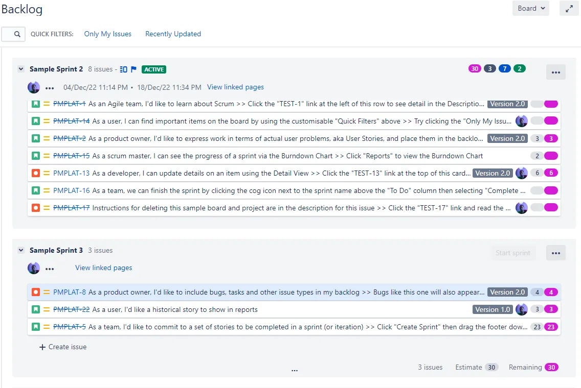 Image showing the remaining effort split by swimlanes in Jira