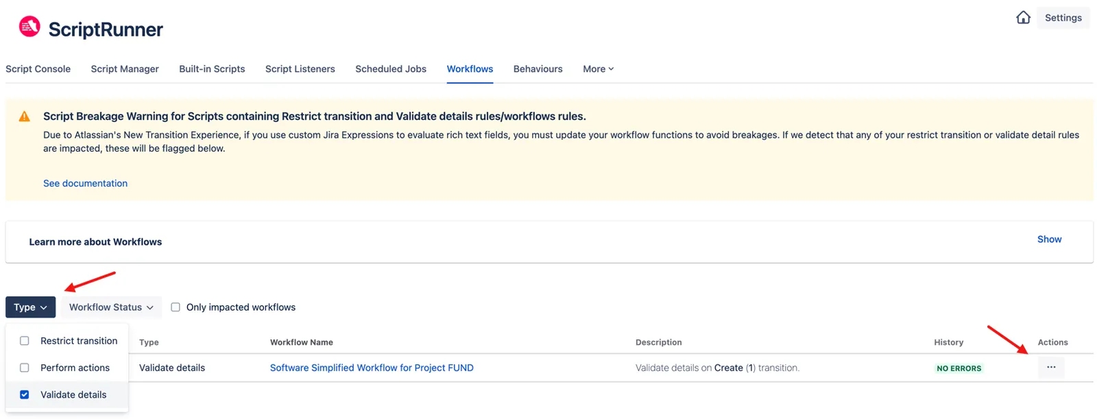 Actions menu with Edit option highlighted for the selected Validate details workflow.
