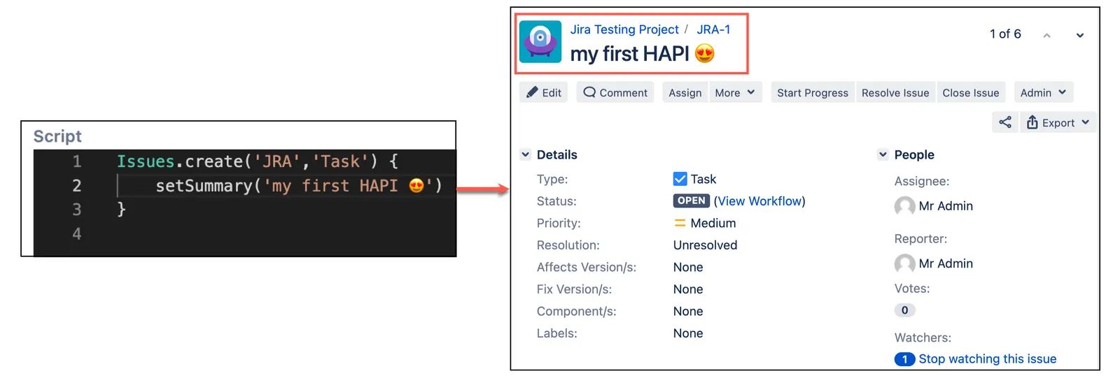 Example of creating an issue script and result