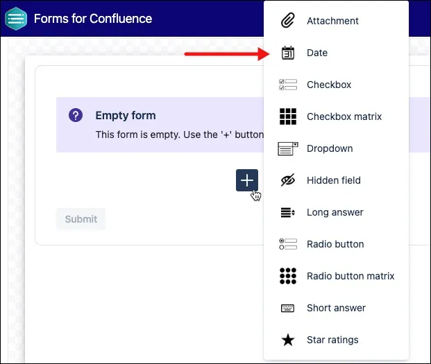Add question dialog showing the Date field option being added to the form