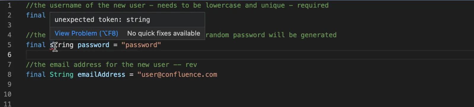 Screenshot of error line indicator and description of the error.