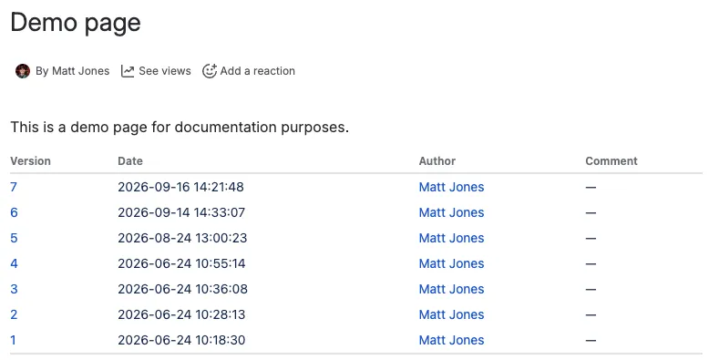 The Version History macro, saved on an updated page.