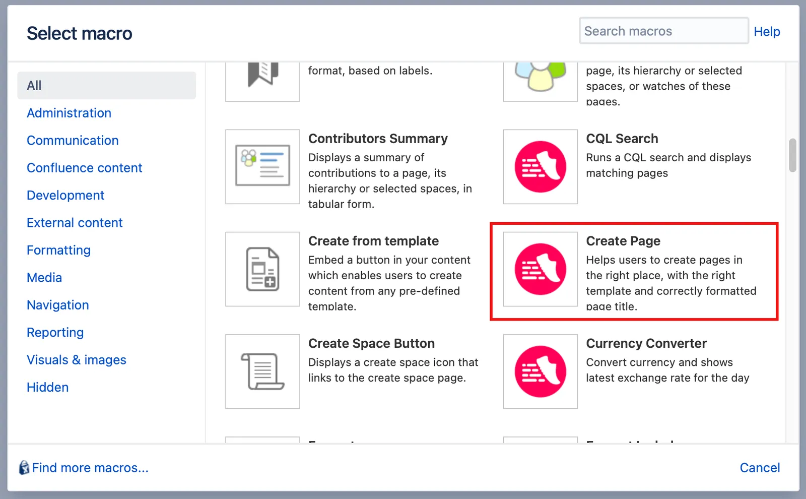 The Create Page macro hilighted on the Select macro dialog.