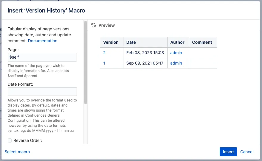 An example configuration in the Insert Version History Macro dialog.