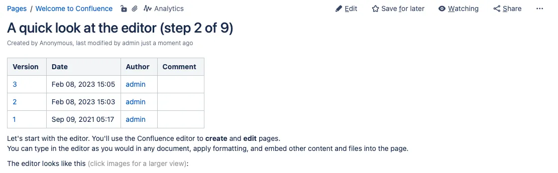 A rendered Version History macro on a saved page.