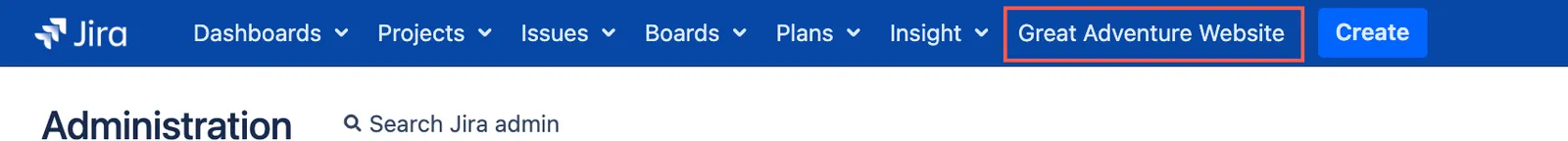 Screenshot of the Jira top navigation bar showing the newly added “Great Adventure Website” button linking to the main website.