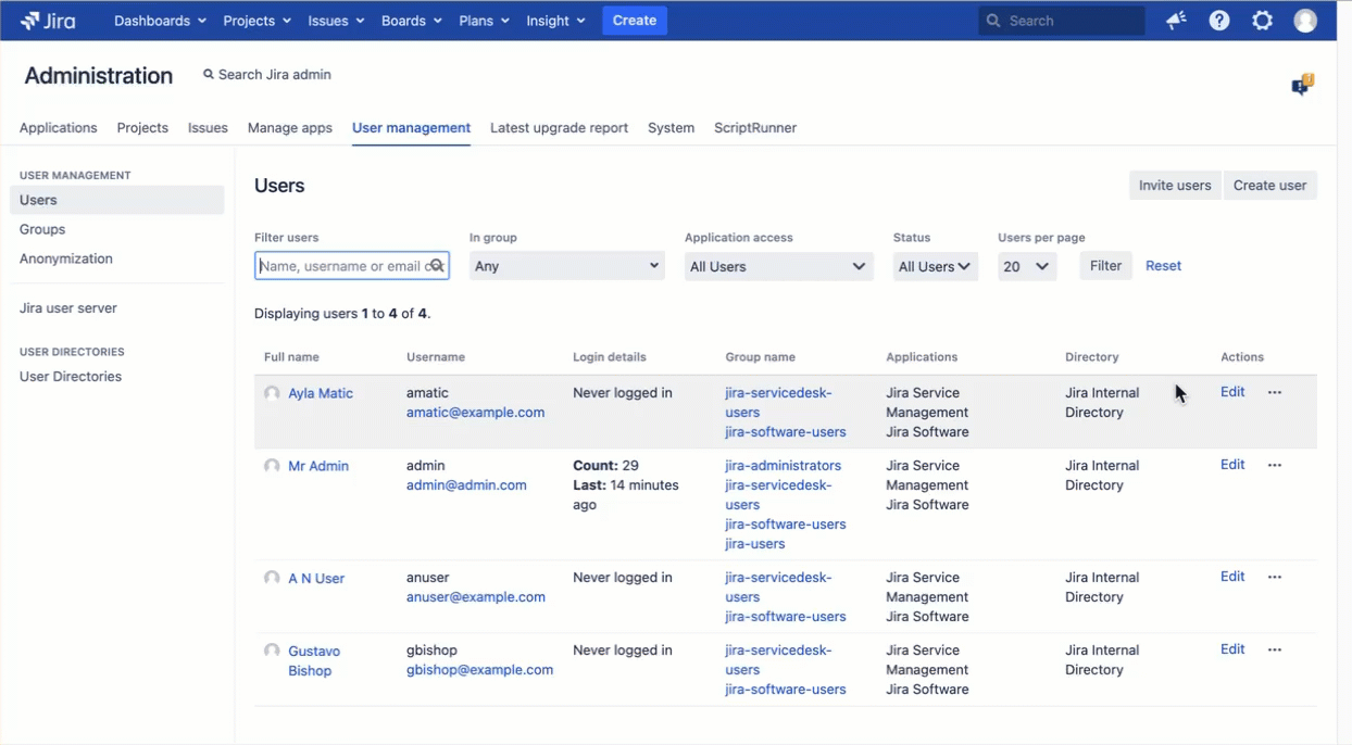 Jira header showing the Create button hidden for users amatic and gbishop after the ScriptRunner UI Fragment condition is applied.