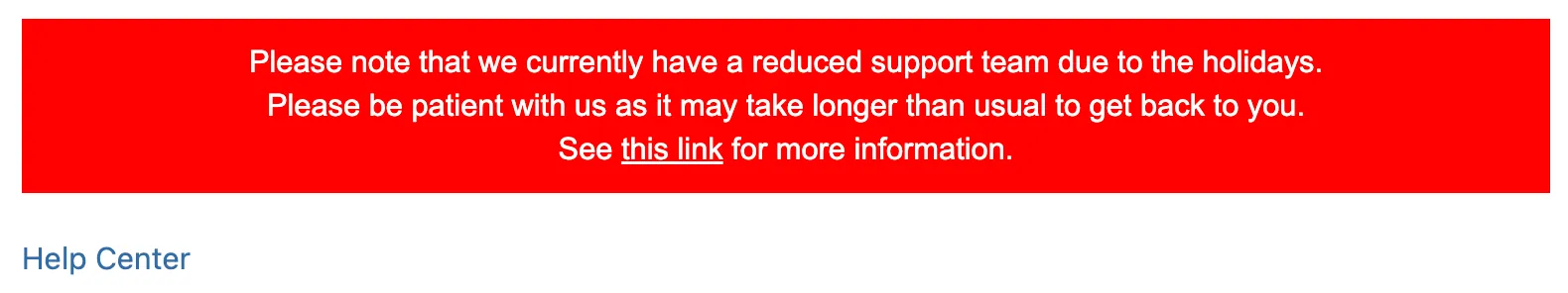 Example HTML banner showing a red notification box with white text and a hyperlink labeled "this link" styled in white with an underline.