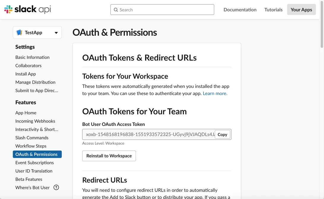 The OAuth Tokens & Redirect URLs section of the OAuth & Permissions Slack dialog.