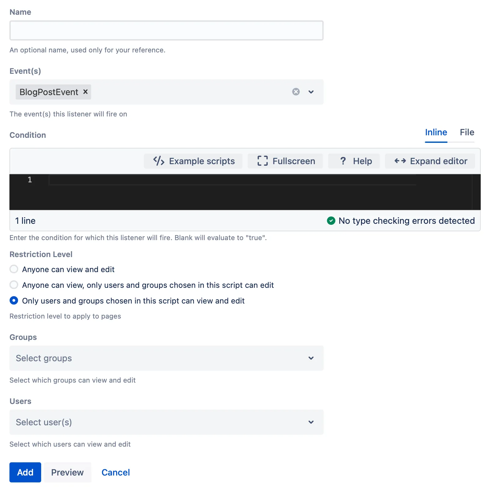 The listener script form with the specified configuration details.