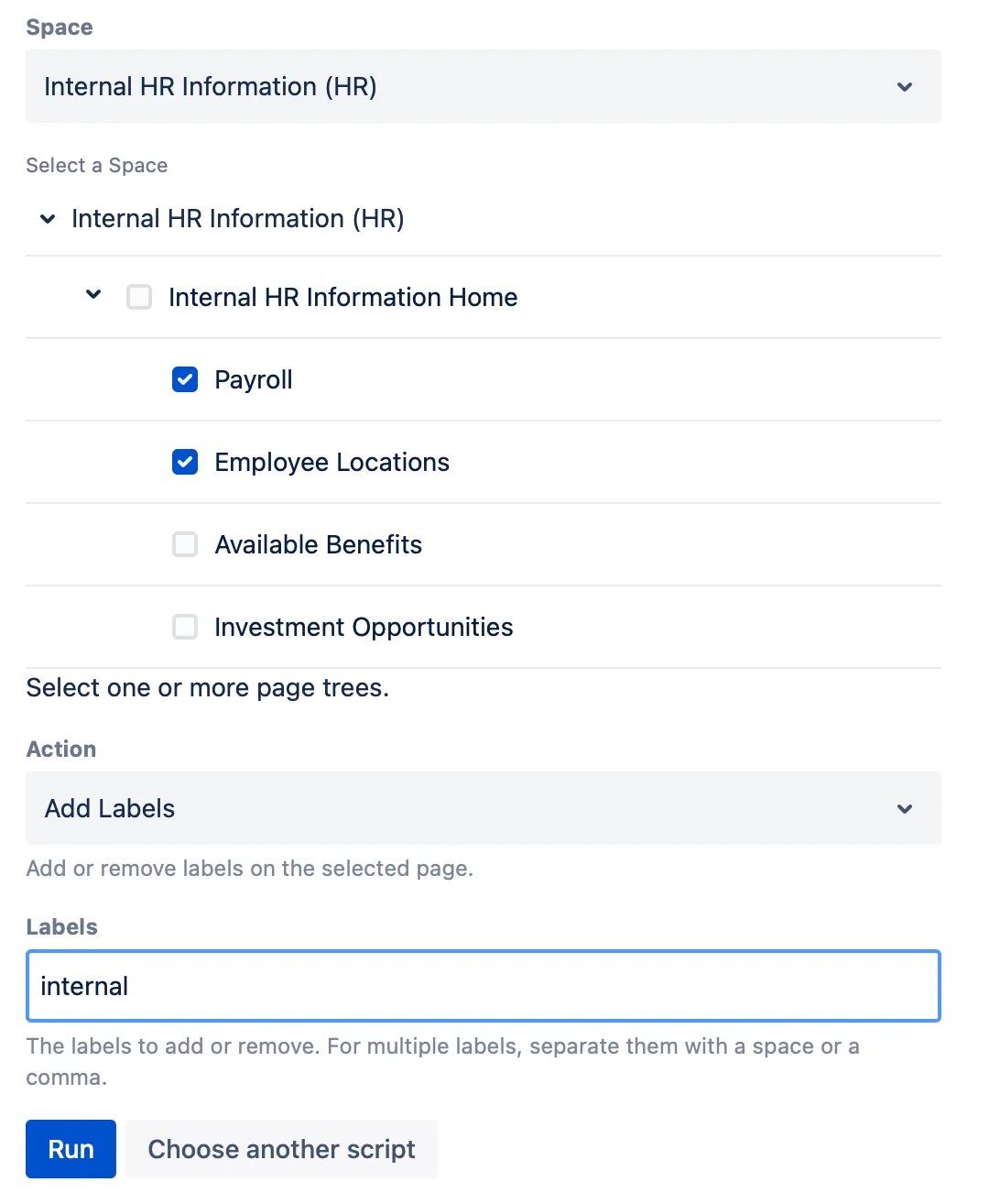 The Add internal label to HR space script with the specified details.