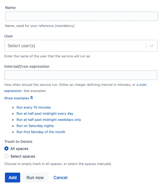 The form for the Bulk Purge Trash job.