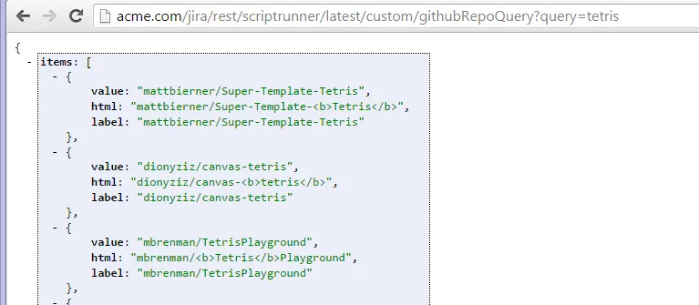 Formatted JSON response from GitHub API in the browser