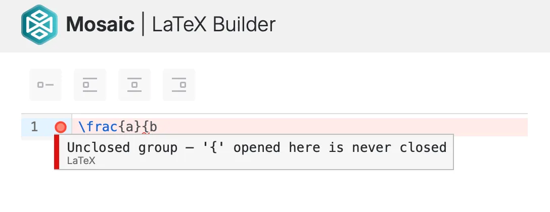 Example of LaTeX syntax error highlighting for missing or unmatched brackets