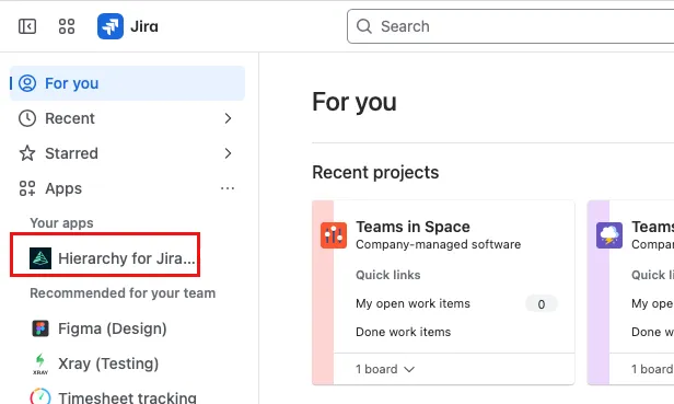 A screenshot showing the Hierarchy for Jira link in the Apps section of the main Jira menu.