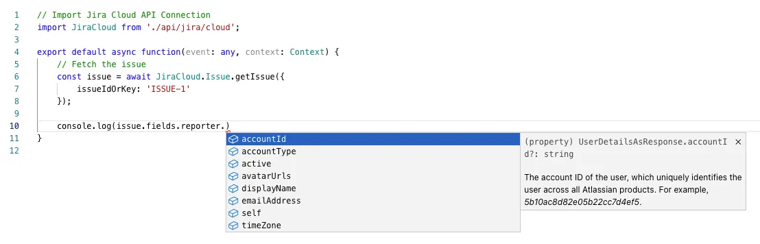 Code editor showing JavaScript for Jira Cloud API connection. A list of reporter field options is displayed, including accountId and displayName.