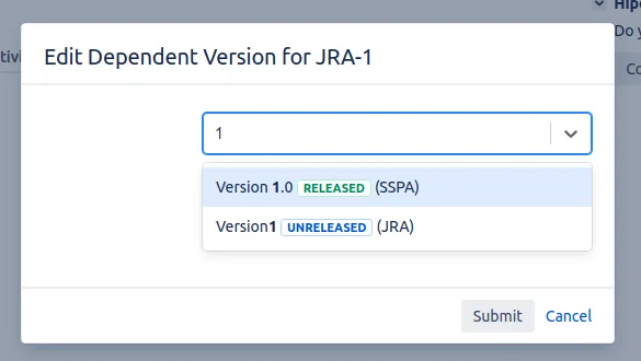 Jira issue view showing a version picker with colored lozenges indicating the status of each version.
