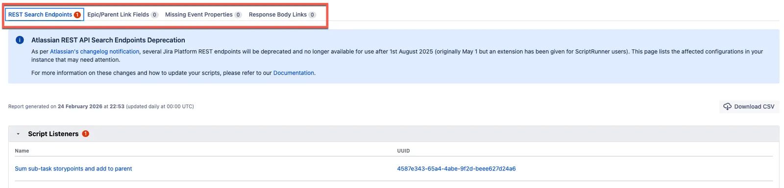 Example Missing Event Properties deprecation report showing one Script Listener script with missing event properties highlighted