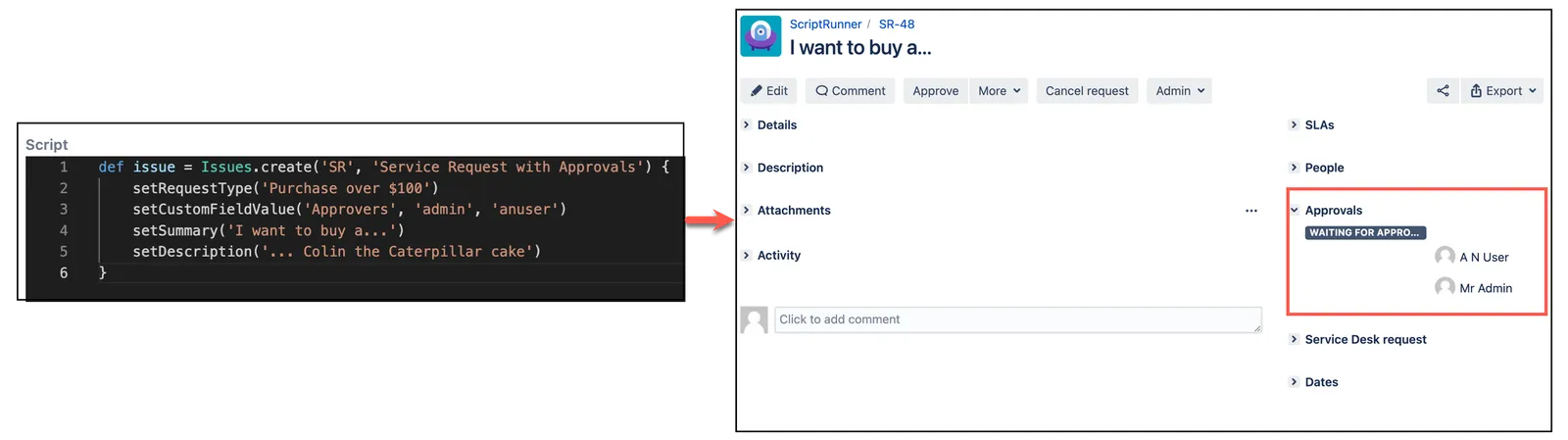 Image showing how to add approvers to an issue
