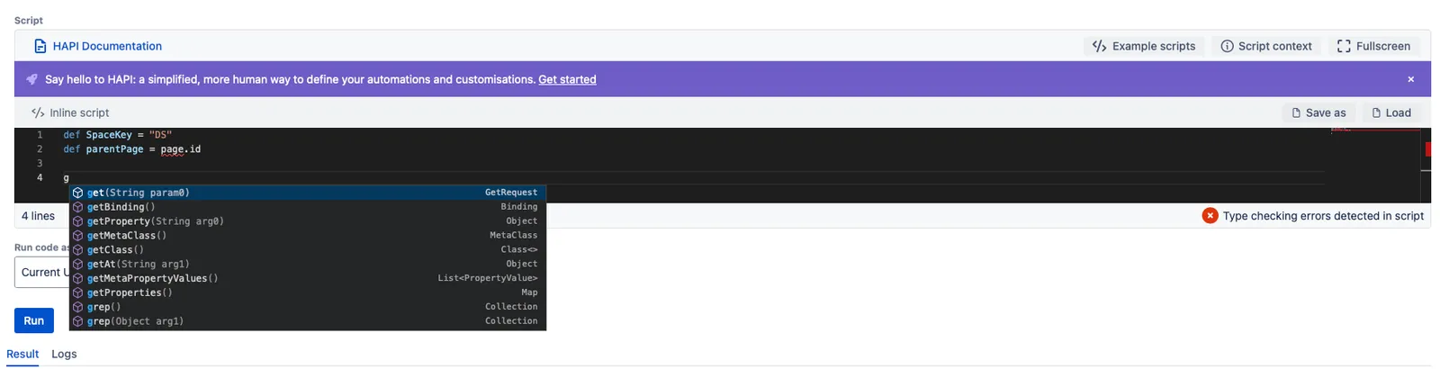 Autocomplete suggestions displayed in the Script Console code editor in ScriptRunner for Jira Cloud