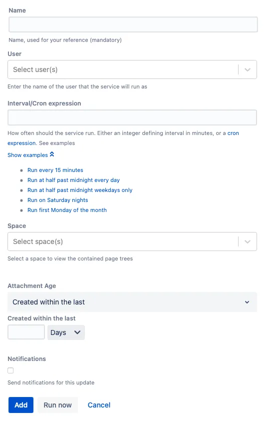 An example Bulk Delete Attachments job form.