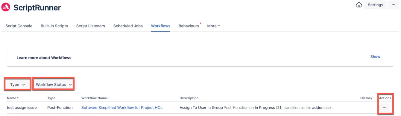 Workflow page showing the list of existing workflows in ScriptRunner
