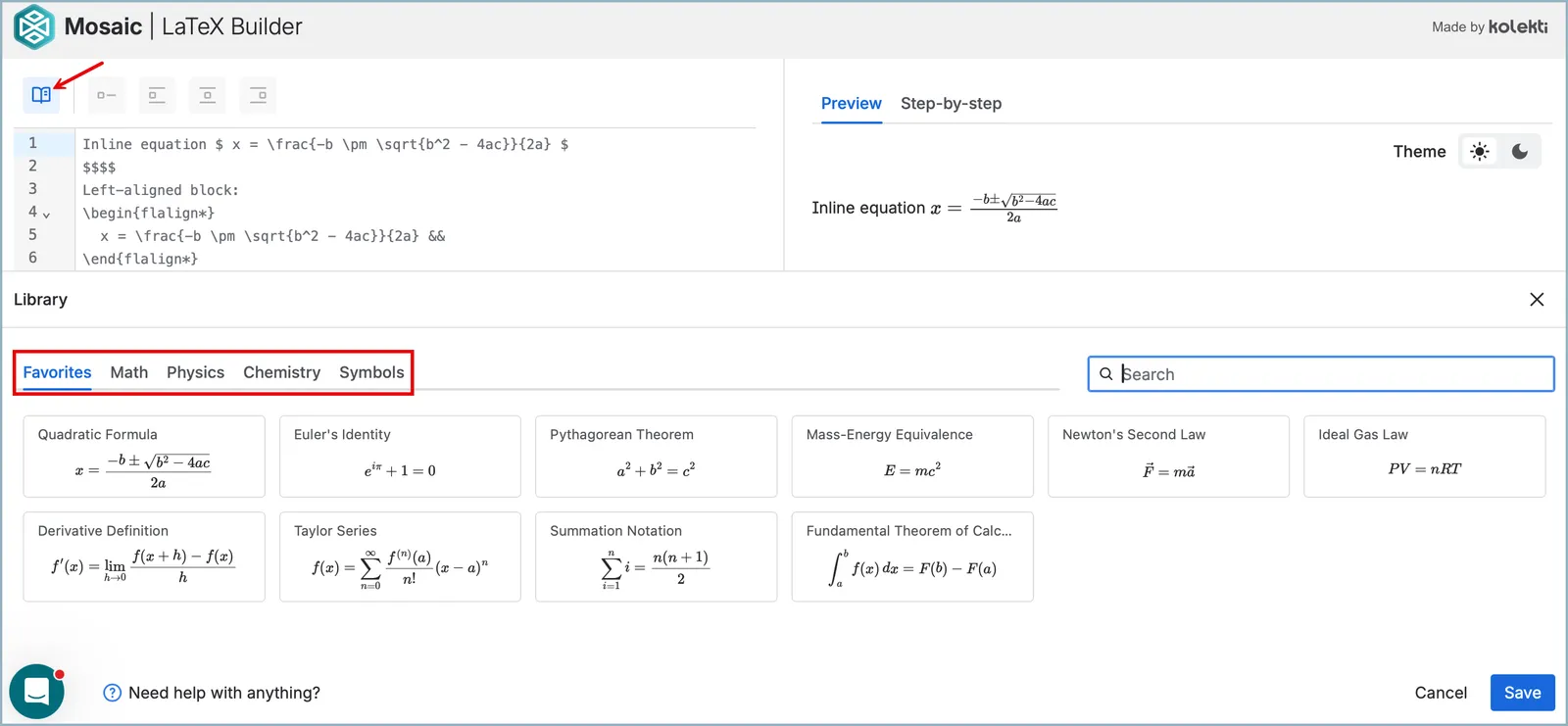 LaTex interface showing new library feature with search bar, preview, and tabs for different template types.