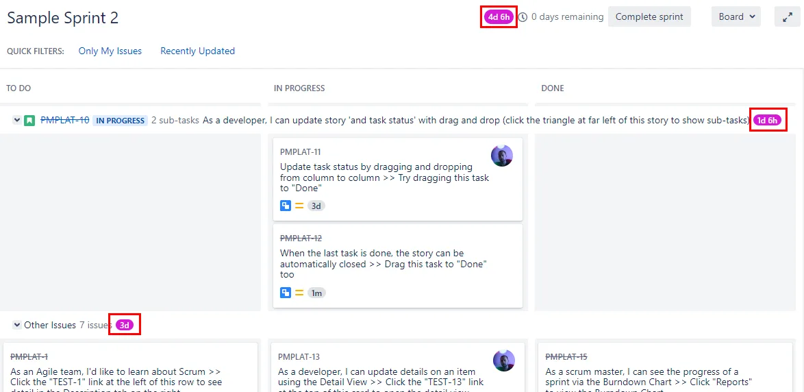 Image of a Jira board with total remaining effort highlighted