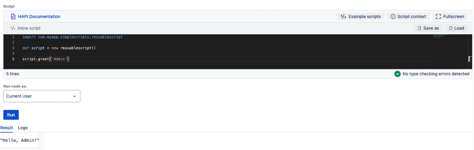 Screenshot of a Script Manager script that imports the reusablescript.groovy script and calls the greet method.