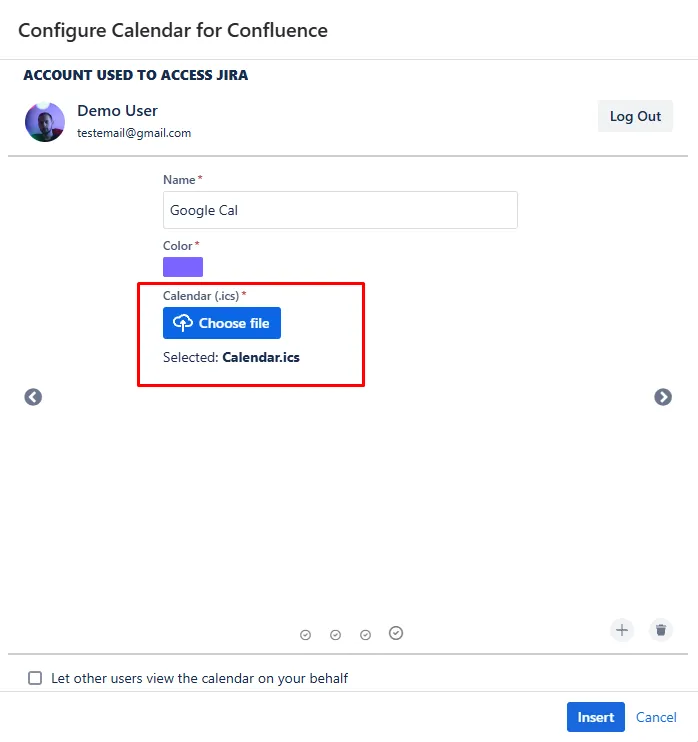 Imported iCal file name displayed below the Choose File button