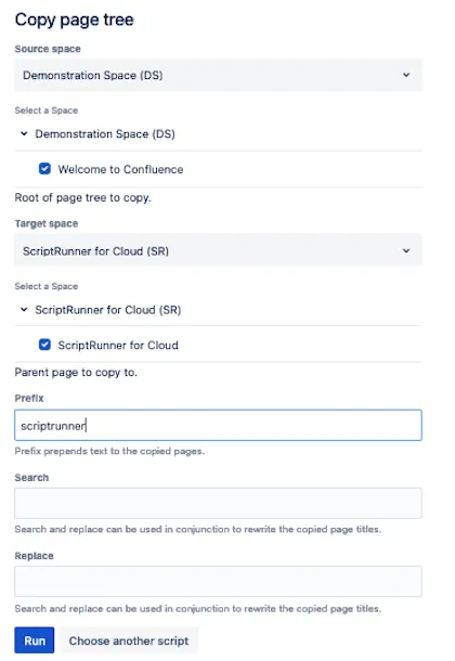 The Copy page tree script with the specified details.