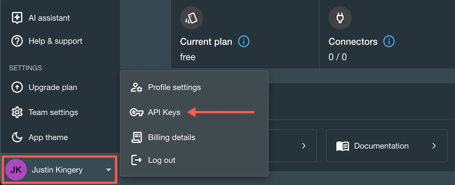 The Account option selected and the API Keys option shown.