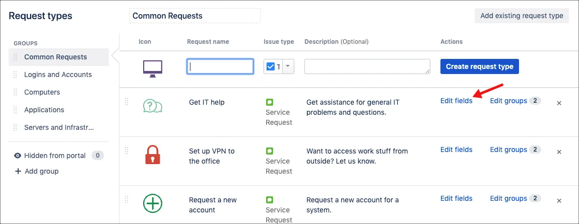 Service Management project settings screen highlighting the Edit fields option for a request type