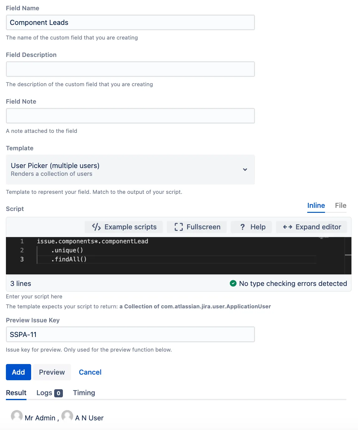 Component Leads custom field configuration screen