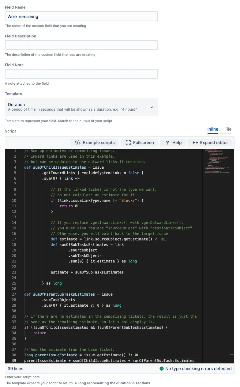 Example of completed custom field