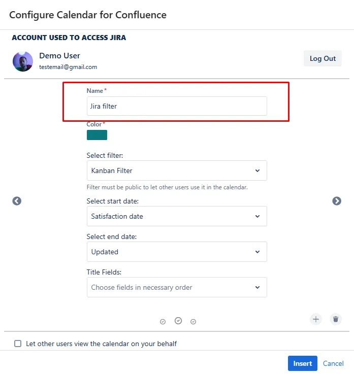 Calendar name field highlighted in the Calendar for Confluence interface, showing where to enter a name for the Jira-based calendar.