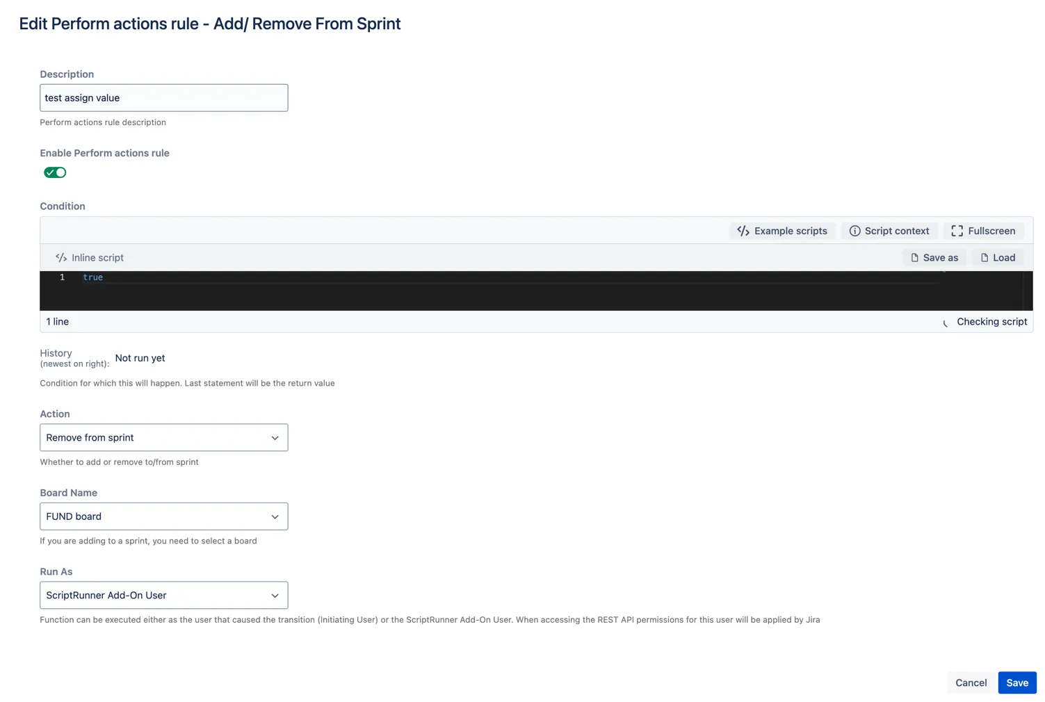 Edit Perform actions rule workflow screen showing script editor and configuration options