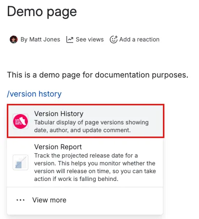 The Version History macro, selected from the Insert options.