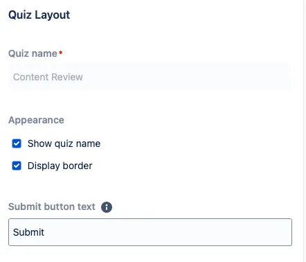 Quiz Builder interface showing quiz layout options panel on the right side of the screen.
