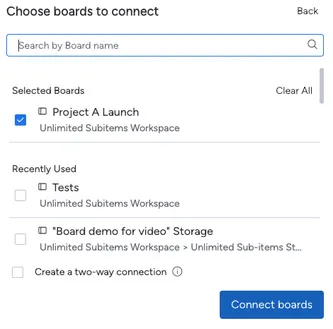 Screenshot of the Storage Board with a new Connect boards column named Top Parent Item added to link items to the original board.