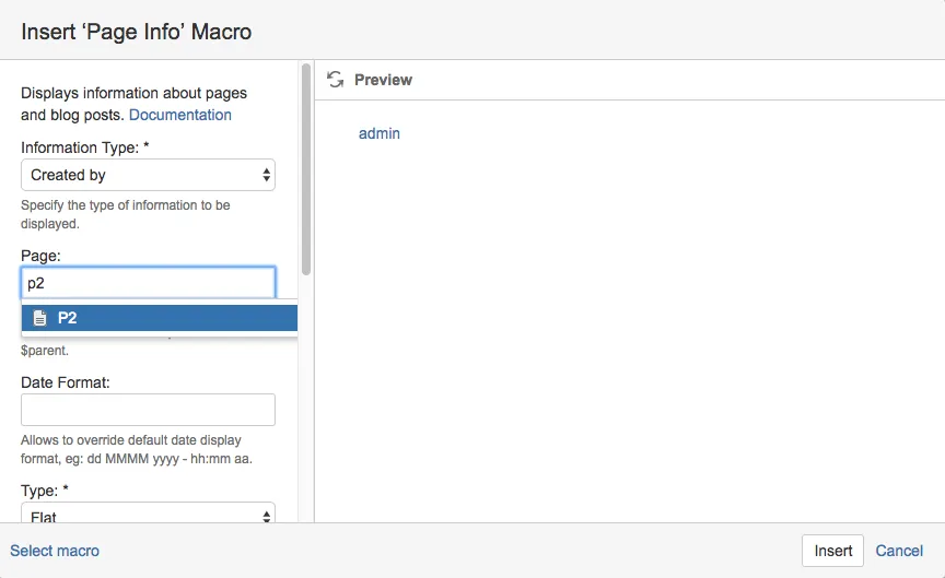 The Insert Page Info Macro dialog with the example content.