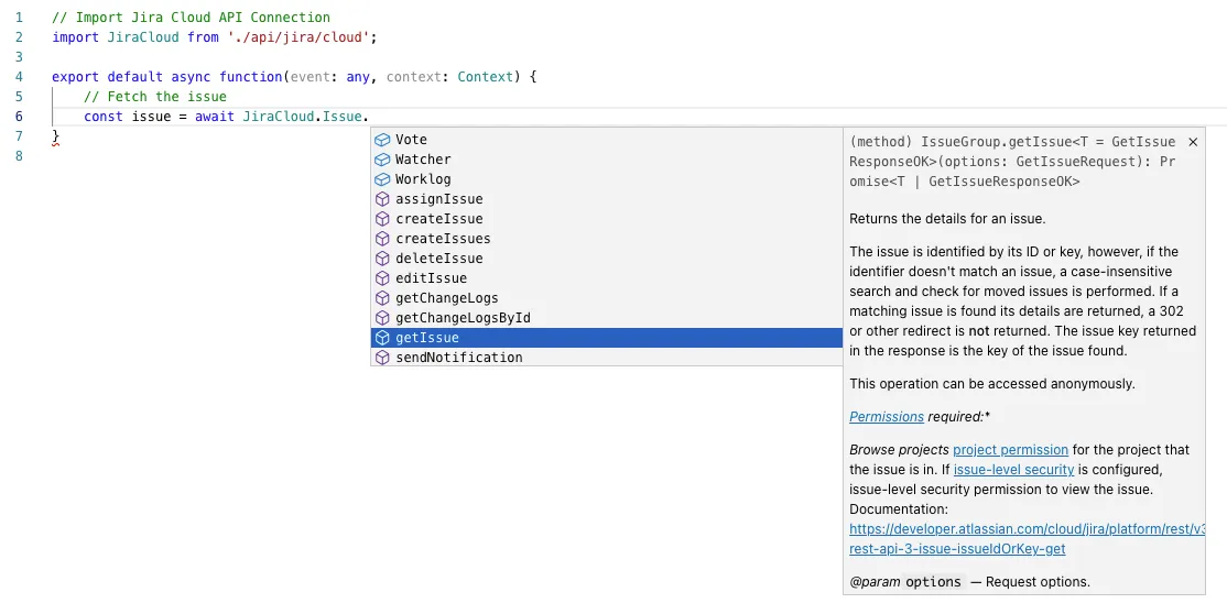 Code editor showing JavaScript for fetching a Jire issue using JiraCloud API. The autocomplete dropdown lists mehods, with the getIssue option previewed.